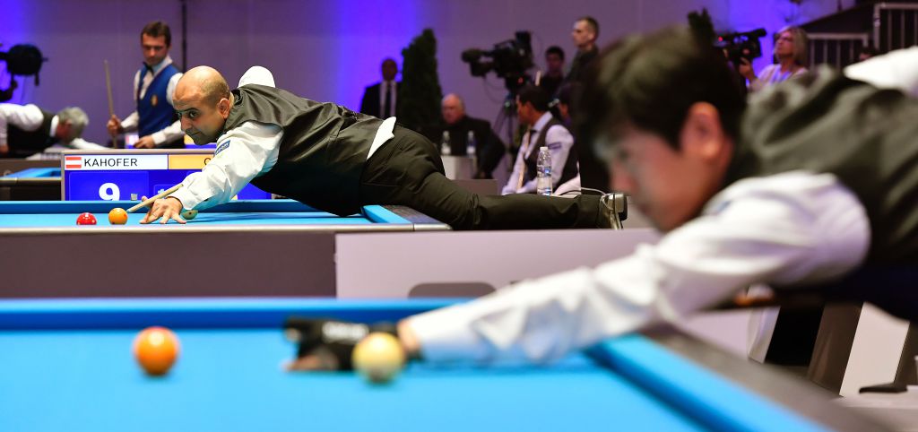 Antoine Gholam competes in the qualification round of the 3-Cushion Billiards World Championship in Bordeaux.