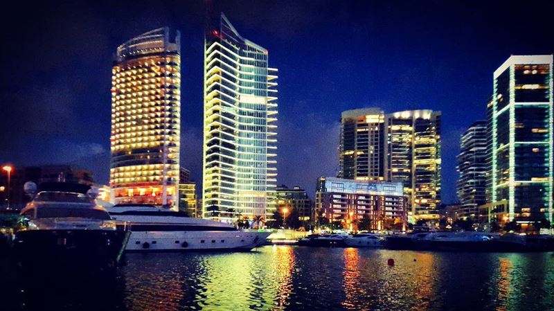  beirut night life city lights yachts skyscrapers watercolor waterfront... (Zaitunay Bay)