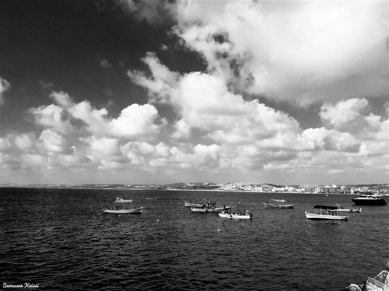  blackandwhite  monochrome  sea  clouds  boats  nostalgia  tyr ...