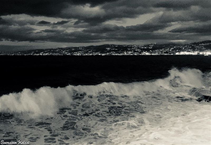  blackandwhite  monochrome  sea waves lights  clouds  sky  beirut ...