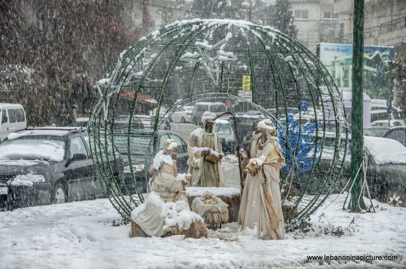 Jesus, Joseph and Mary Statues Part of the Christmas Decorations Under the Snow (Faraya, Lebanon)