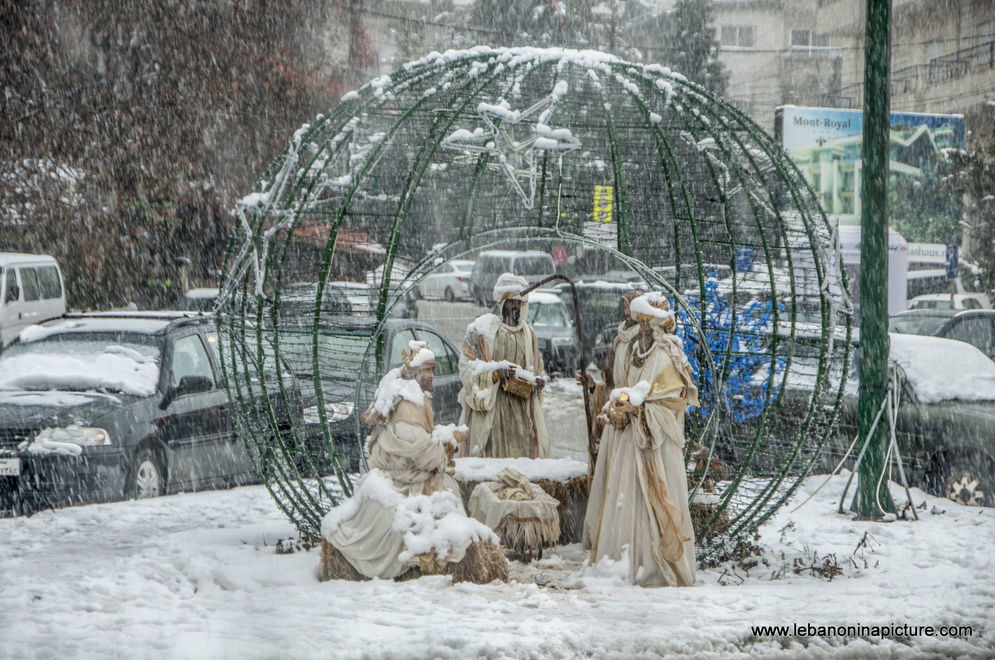 Jesus, Joseph and Mary Statues Part of the Christmas Decorations Under the Snow (Faraya, Lebanon)