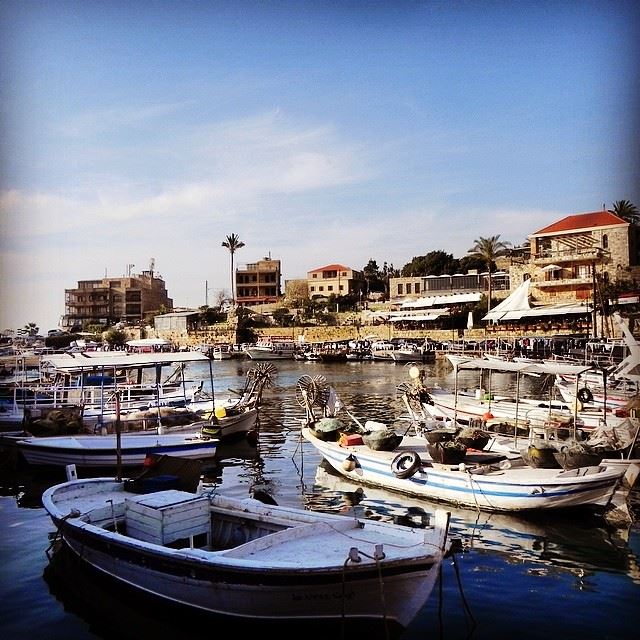  nature blue sea sky clouds boats village lovely sunny day Byblos Lebanon...