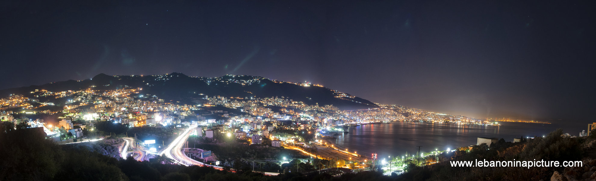 Night Panoramic Photo Showing: Beirut, Zouk, Jounieh, Jounieh Bay, Harissa Mountains, Haret Sakher, Adma