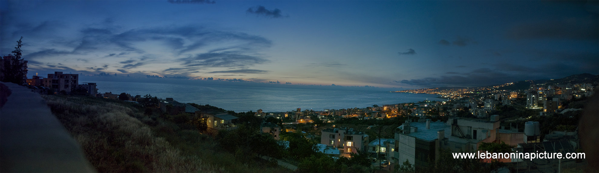 Panoramic View Right After the Sunset Showing the Mediterranean from Tabarja Coast Until Nahr Ibrahim (Safra, Lebanon) 