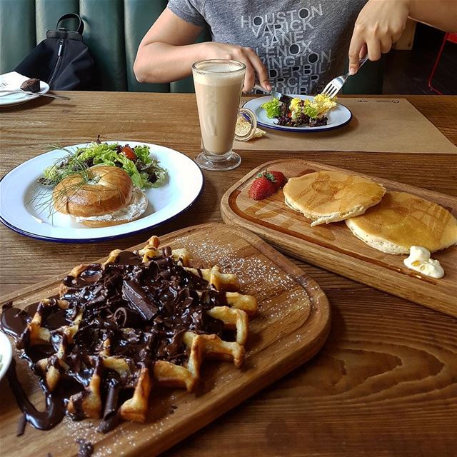 Scrambled eggs, cream cheese bagel, pancakes and chocolate waffles! Which... (The CORNER)