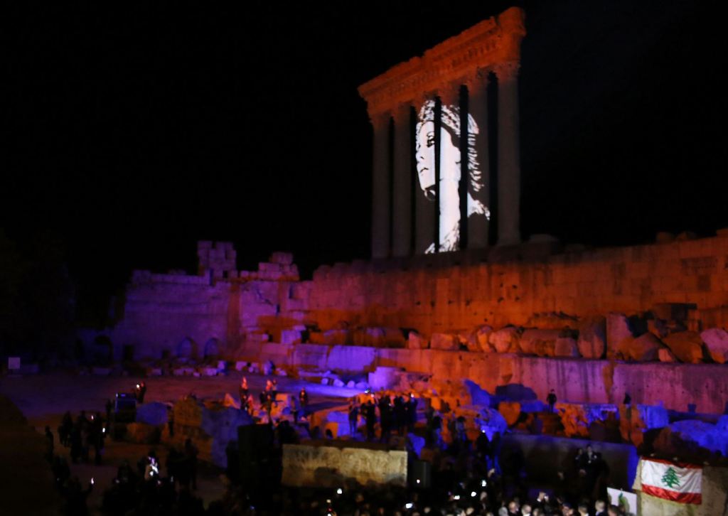 The temples of Baalbek, a UNESCO world heritage site in Lebanon’s eastern Bekaa Valley, are illuminated with a portrait of celebrated Lebanese singer Fayrouz as part of an event to celebrate the singer’s 81th birthday. 